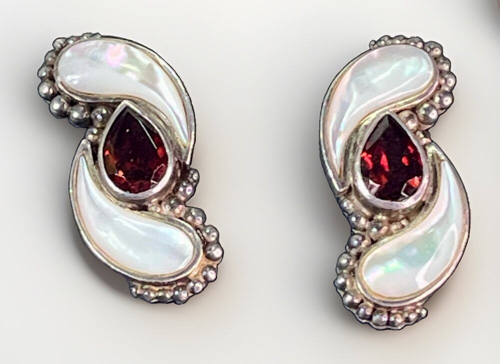Vintage SAJEN 925 Sterling Silver MOP Garnet Paisley Statement Earrings 11.4g